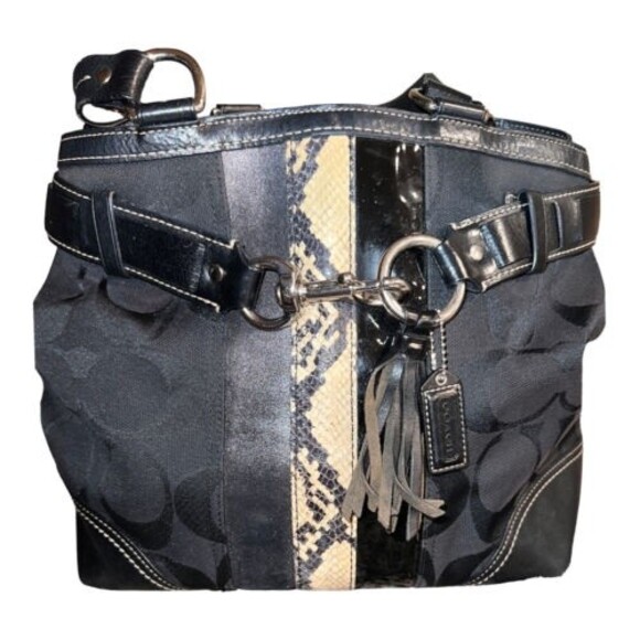 Coach Handbag Hamptons Python Stripe shoulder bag Canvas Leather Black purse Y2K - Picture 1 of 12